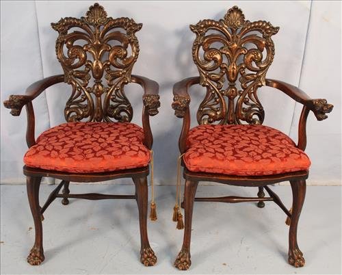Pair of oak arm chairs with lions heads on arms (1 of 3)
