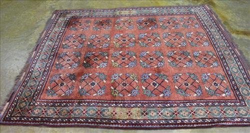 Persian antique rug with coral and blue: Persian antique rug with coral and blue, 7 ft 5 in. x 8 ft. 11 in.