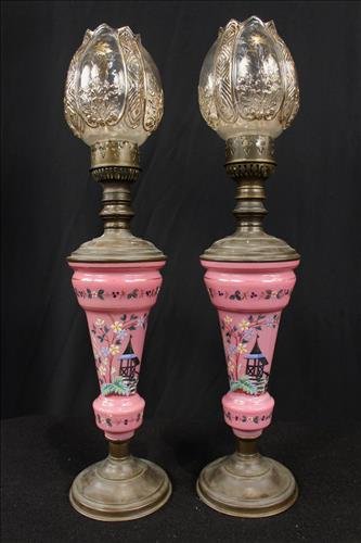 Antique oil lamps with hand painted Oriental scene (1 of 2)