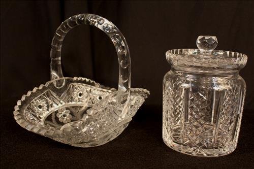 2 pc. cut glass biscuit jar and basket, 8 in. T, 10 in. (1 of 3)