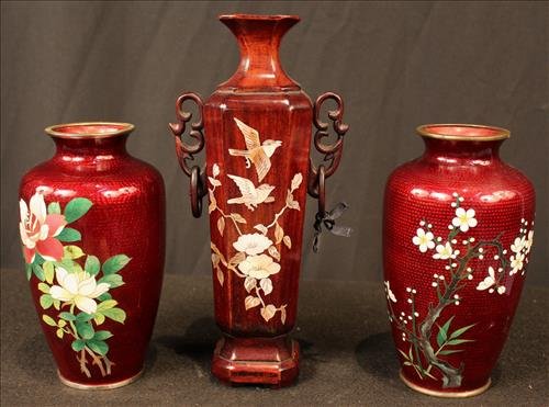 3 piece Oriental enamel hand painted vases (1 of 2)