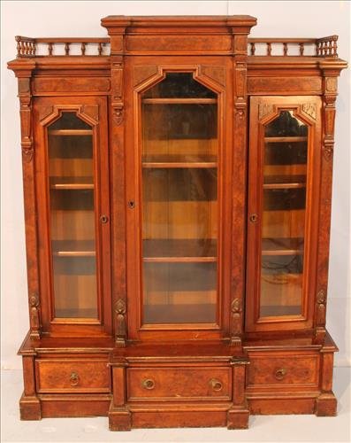 Walnut Victorian 3 section bookcase with burl trim (1 of 3)