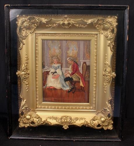 French oil on canvas parlor scene in shadow box (1 of 5)