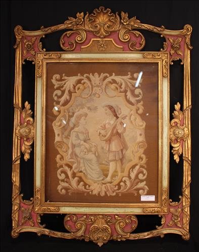 French framed hanging tapestry, 37 in. T, 27 in. W (1 of 3)