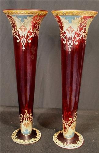 Pair cranberry Victorian vases, believed to be Moser (1 of 3)