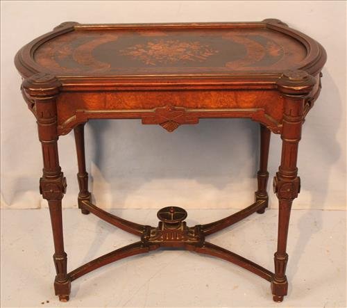 Burl walnut inlay parlor table with flowers (1 of 3)