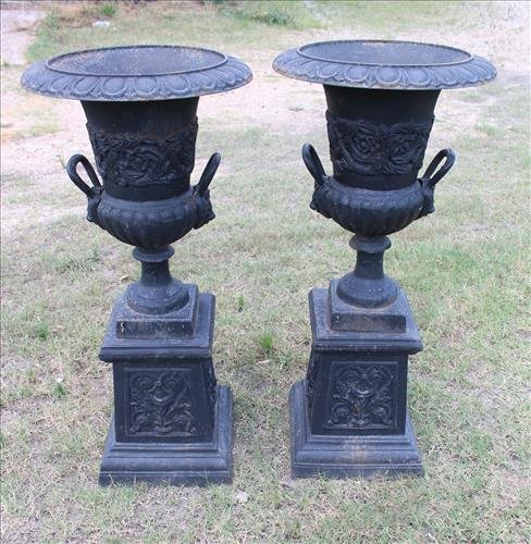 Pair black case iron garden urns with base, 40 in. T. (1 of 4)
