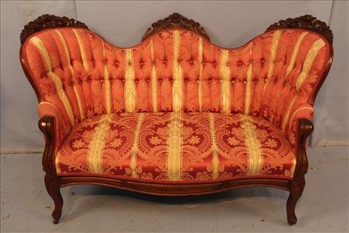 Small walnut Victorian loveseat with gold and red (1 of 2)