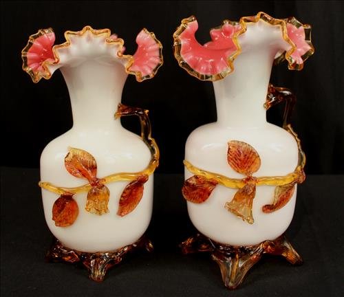 Pair art glass fluted vases, Stevens and Williams,: Pair art glass fluted vases, Stevens and Williams, white with pink