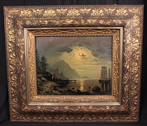 Victorian print of moon light over harbor, 33 x 28 (1 of 4)