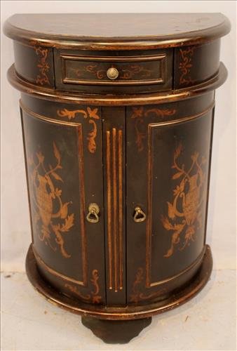 Black lacquer half commode with inlay: Black lacquer half commode with inlay, 32 in. T, 42 in. W, 13 in. D.