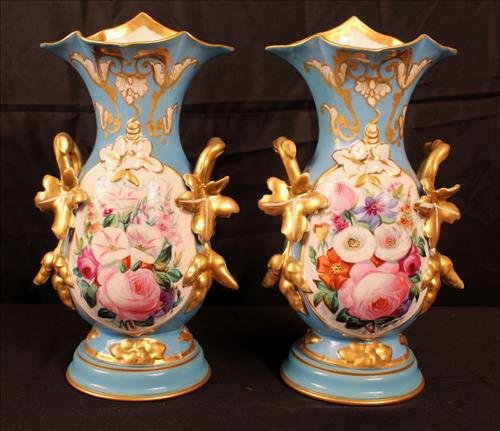 Pair old Paris vases, blue with roses once lamps (1 of 3)