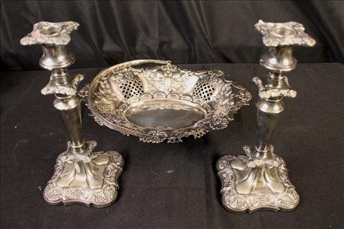 3 piece Victorian silver-plate, candlesticks and bowls (1 of 3)