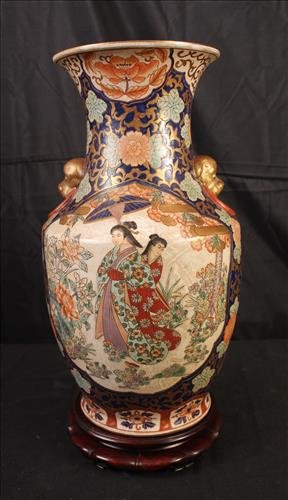 Contemporary Chinese vase on wood stand, 21 in. T. (1 of 2)