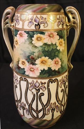 Hand painted Nippon vase with handles, 12.5 in. T. (1 of 2)