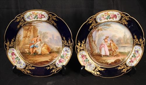 Pair hand painted Sevres plates with courting scene (1 of 4)