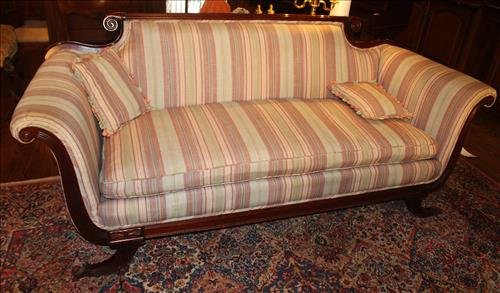 Duncan Phyfe mahogany sofa with stripe upholstery: Duncan Phyfe mahogany sofa with pastel stripe upholstery, 33 in T, 75 in. W, 22 in. D.