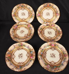 Set of 10 "LAMM " Dresden luncheon plates, signed: Set of 10 "LAMM" Dresden luncheon plates, hand painted and signed, has monogram, French country side with courting scene, 9 1/2in D This mark was used by Ambrosius Lamm, a decorator who opened a studi