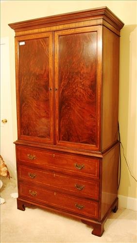 Contemporary inlayed linen press, 82in T: Contemporary inlayed linen press, two door, three drawer, 82in T, 42in W, 22 1/2in D