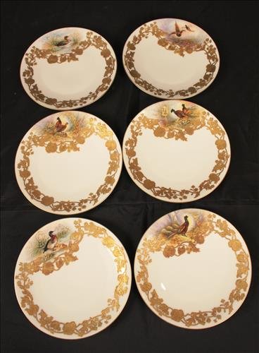 Set of 6 Limoges Ovington Bros NY, NY plates: Set of 6 Limoges Ovington Bros NY, NY plates with pheasants, white with gold paint, 9 1/2 in dia.