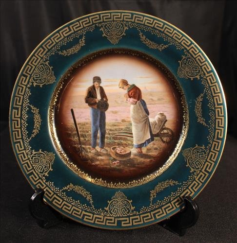 Royal Vienna plate with farm scene, gold and green: Royal Vienna plate with farm scene, "The Angelus"gold and blue, 10 in. Dia.