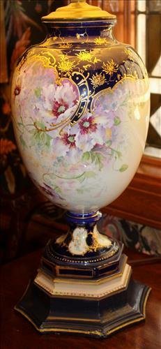 Hand painted porcelain lamp with old repair on base (1 of 2)