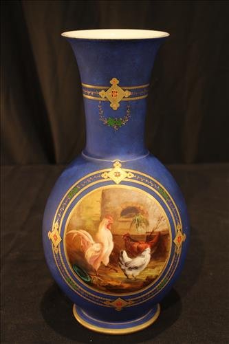 Old Paris vase with hand painted scene of hens (1 of 2)