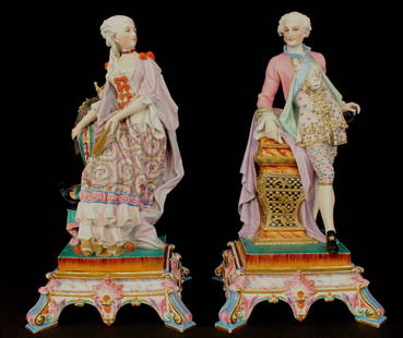 Pair Gille Paris porcelain statues of museum quality: Pair Gille Paris porcelain statues museum quality with bases, 19 in. T, 9 in. Sq.