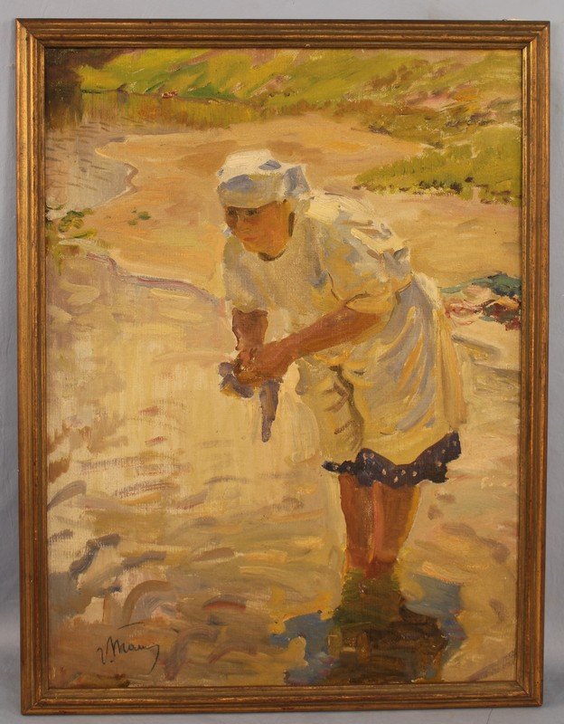 Russian acrylic painting of a woman in a river, signed (1 of 6)