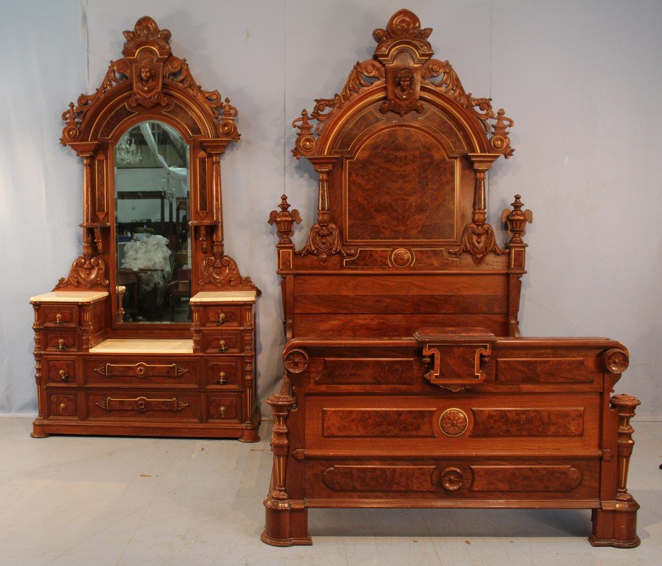 Heavy 2 piece walnut Victorian bedroom suit by Brooks (1 of 9)