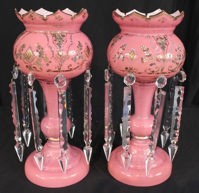 Pair super sized pink case glass mantle lusters: Pair super sized pink case glass mantle lusters with great enamel, 16 in. T, 6.5 in. D.