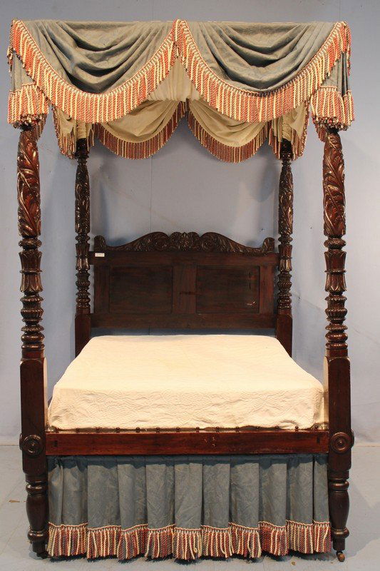 Early acanthus carved 4 poster bed with canopy top (1 of 6)