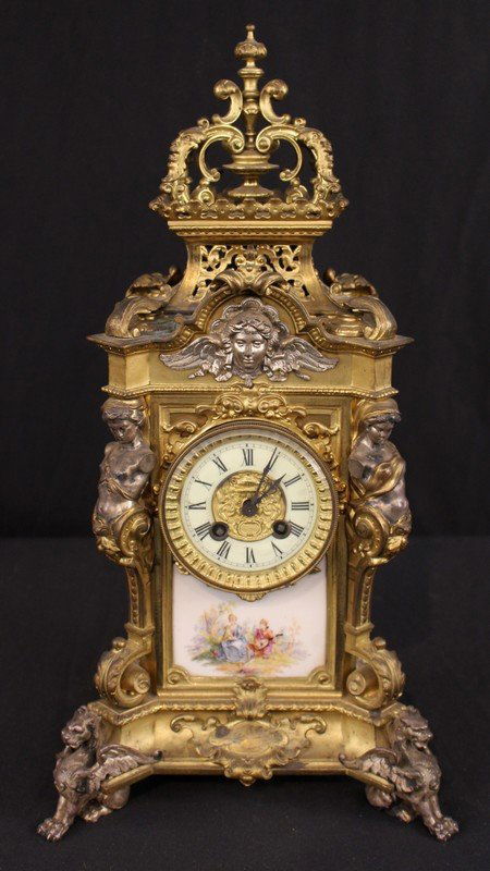 Victorian bronze and brass mantle clock, 19.5 in. T. (1 of 5)