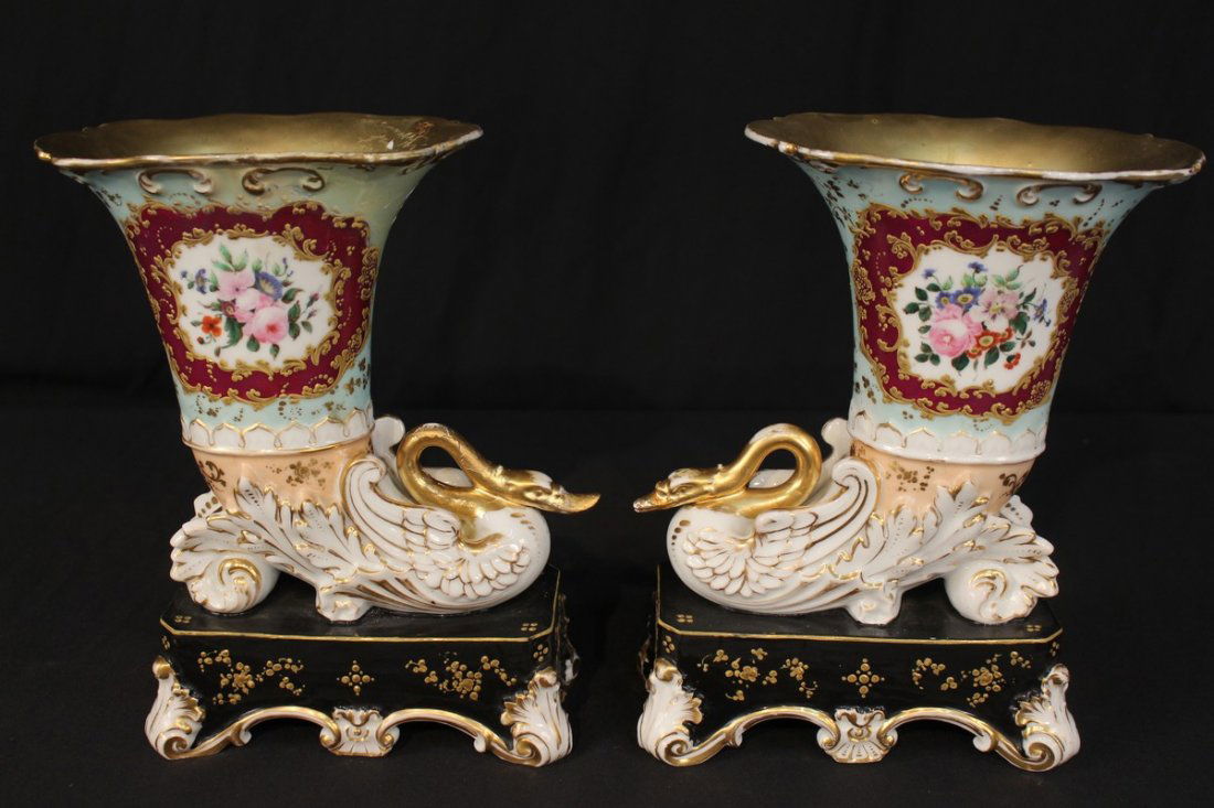 Pair Old Paris cornucopia vases, possibly Jacob Petit (1 of 3)