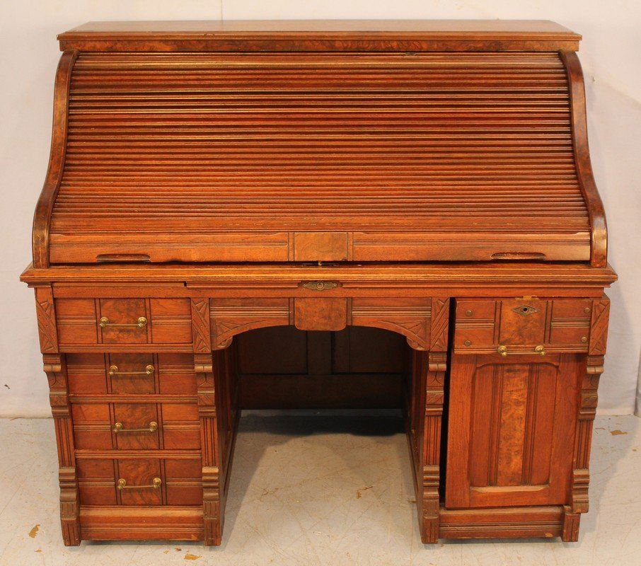Walnut Victorian S roll top desk with burl trim (1 of 3)