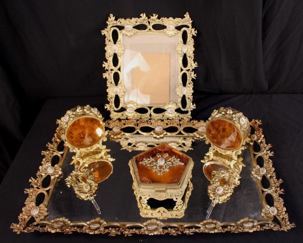 Large 24 kt. gold plated 5 piece dresser set (1 of 4)