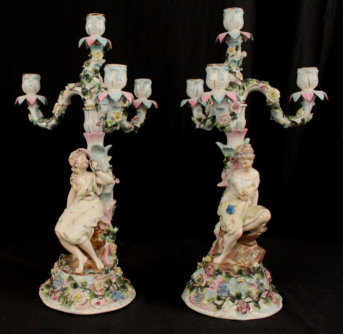 Pair Meissen candelabras with cross swords mark: Pair Meissen candelabras with cross swords mark, 19.5 in. T, 11 in. W.