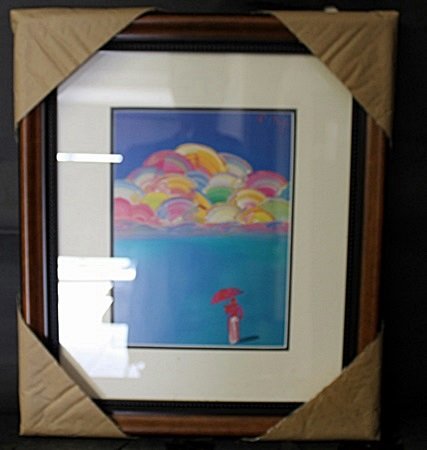 "UMBRELLA MAN WITH RAINBOW SKY" by PETER MAX: Framed, Lithograph, Signed by the artist, In the plate out of the book; Approximately 20 x 17 In.