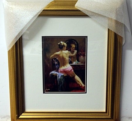 "By the Mirror" by Pino Daeni: Framed Lithograph, Signed by the artist, Approximately 21 x 17 In.