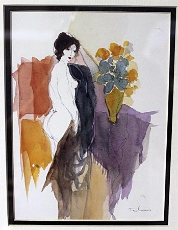 "NUDE WITH BLACK SCARF" by ITZCHAK TARKAY: Original, Watercolor Lithograph, Signed by the artist, Framed and Matted, Approximately 20 x 18 In.