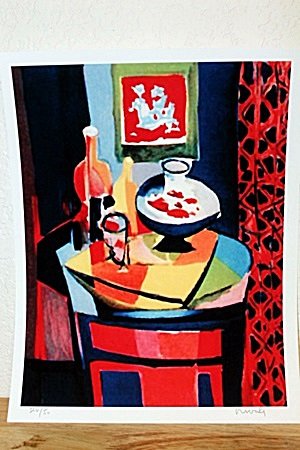 "Dinner" By Mouly. (CC): Unique Lithgraph By Marcel Mouly. Marcel Mouly, born in Paris in 1918, is heavily influenced by the work of Picasso, Matisse, and Braque. He studied painting at the French Academies and later became t