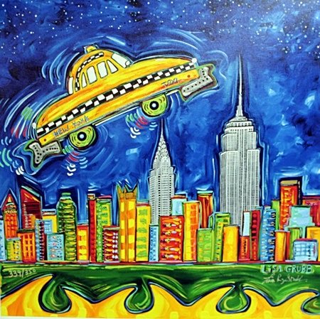 "Flying Taxi" By Lisa R. Grubb: Limited Edition, Giclee on Canvas, Signed by the artist, approximately 24" x 24" In.