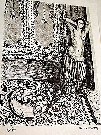 LITHOGRAPH BY ARTIST HENRI MATISSE: LITHOGRAPH BY HENRI MATISSE, BEARING THE SIGNATURE IN A LIMITED EDITION TITLED "ODALISQUE DEBOUT ET PLATEAU DE FRUITS", CIRCA 1924. Matisse’s discovery of his true profession came about in an unusua