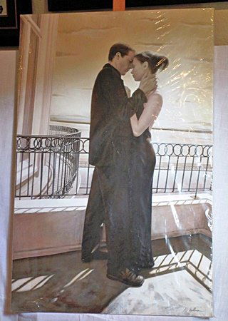 Rob Hefferan Large Original Oil on Canvas "Tenderness: Rob Hefferan Large Original Oil on Canvas "Tenderness on Balcony" Romantic art ARTIST: Rob Heferran TITLE: Tenderness on Balcony CANVAS SIZE: 44" x 29" MEDIUM: Original One-of-a-Kind Oil on Canvas SIG