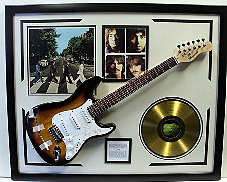 Beatles Autographed Guitar with Gold LP & Group: Beatles Autographed Guitar with Gold Plated LP; Approx 34X44 in. Custom Framed Memorabilia!!
