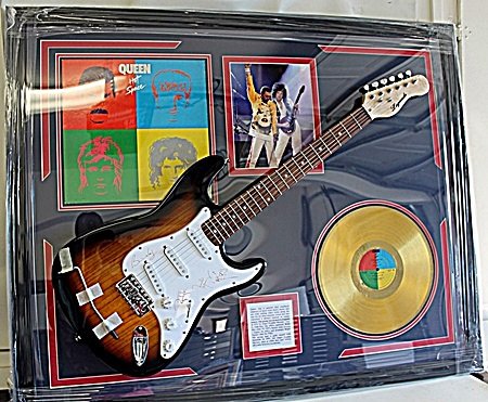 Autographed Queen Guitar With Golden Record, Bio and: Queen Guitar with Laser Matted Autographs. Approx.