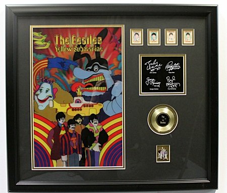 "Yellow Submarine" The Beatles Holograom - LA69: "Yellow Submarine" The Beatles Hologram with pin, mini gold record, stamps & autographs. Approx 22X26 in. Custom Framed Memorabilia!!