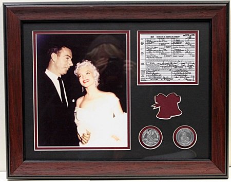 Joe & Marilyn With Wedding License - LA37: Joe & Marilyn With Wedding License and coins. Approx 14X18 in. Custom Framed Memorabilia!!