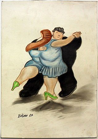 Pastel Drawing "Dancing" by Fernando Botero: Pastel Drawing on Paper, Hand Signed, Size Approx. 20" x 14" in.