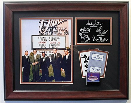Rat Pack Photo with Autographs Memorabilia - LA1: Rat Pack Photo with Autographs; Sands Card and welcome to Las Vegas book of matches. Approx 14x18 in. Custom Framed Memorabilia!!